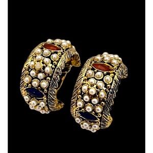 Vintage 1950s Hollycraft Earrings Pearl Rhinestone Gold Tone Mid Century - 4O